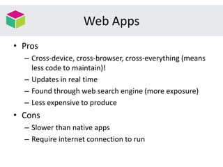 Web Apps
• Pros
– Cross-device, cross-browser, cross-everything (means
less code to maintain)!
– Updates in real time
– Found through web search engine (more exposure)
– Less expensive to produce
• Cons
– Slower than native apps
– Require internet connection to run
 