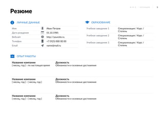 5Ф . И . О . / П О З И Ц И Я
Резюме
Имя Иван Петров
Дата рождения 01.10.1985
Вебсайт http://yoursite.ru
Телефон +7 (925) 000 00 00
Email name@mail.ru
ЛИЧНЫЕ ДАННЫЕ
Учебное заведение 1 Специализация / Курс /
Степень
Учебное заведение 2 Специализация / Курс /
Степень
Учебное заведение 3 Специализация / Курс /
Степень
ОБРАЗОВАНИЕ
Название компании
{ месяц, год } - по настоящее время
Должность
Обязанности и основные достижения
Название компании
{ месяц, год } - { месяц, год }
Должность
Обязанности и основные достижения
Название компании
{ месяц, год } - { месяц, год }
Должность
Обязанности и основные достижения
ОПЫТ РАБОТЫ
 