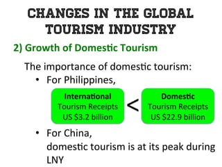 Changes in the Global
Tourism Industry
2)	
  Growth	
  of	
  Domes0c	
  Tourism	
  	
  
	
   The	
  importance	
  of	
  domes1c	
  tourism:	
  	
  
•  For	
  Philippines,	
  	
  
•  For	
  China,	
  
domes1c	
  tourism	
  is	
  at	
  its	
  peak	
  during	
  
LNY	
  	
  
Interna0onal	
  
Tourism	
  Receipts	
  
US	
  $3.2	
  billion	
  
Domes0c	
  	
  
Tourism	
  Receipts	
  
US	
  $22.9	
  billion	
  
<
 