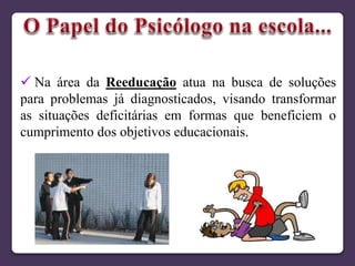  Na área da Reeducação atua na busca de soluções
para problemas já diagnosticados, visando transformar
as situações deficitárias em formas que beneficiem o
cumprimento dos objetivos educacionais.
 