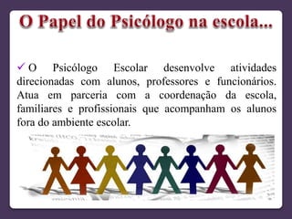  O Psicólogo Escolar desenvolve atividades
direcionadas com alunos, professores e funcionários.
Atua em parceria com a coordenação da escola,
familiares e profissionais que acompanham os alunos
fora do ambiente escolar.
 