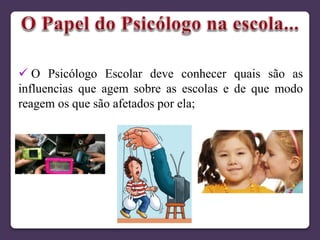  O Psicólogo Escolar deve conhecer quais são as
influencias que agem sobre as escolas e de que modo
reagem os que são afetados por ela;
 