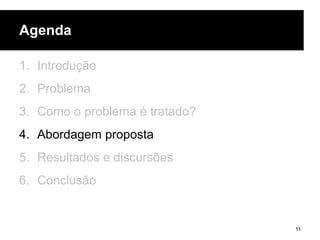 Agenda
1. Introdução
2. Problema
3. Como o problema é tratado?
4. Abordagem proposta
5. Resultados e discursões
6. Conclusão
11
 