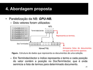 4. Abordagem proposta
• Paralelização da NB: GPU-NB.
– Dois vetores foram utilizados:
– Em TermIndexVector o índice representa o termo e cada posição
do vetor contém a posição no DocTermVector, que é onde
seninicia a lista de termos para determinado documento.
21
Figura . Estrutura de dados que representa os documentos de uma coleção.
Representa os termos.
Armazena listas de documentos
em que cada termo aparece.
 