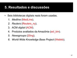 5. Resultados e discussões
• Seis bibliotecas digitais reais foram usadas.
1. Medline (MedLine).
2. Reuters (Reuters_ny).
3. ACM digital (ACM).
4. Produtos avaliados da Amazônia (acl_bin).
5. Newsgroups (20ng).
6. World Wide Knowledge Base Project (Webkb).
27
 
