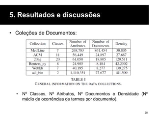 5. Resultados e discussões
• Coleções de Documentos:
• Nº Classes, Nº Atributos, Nº Documentos e Densidade (Nº
médio de ocorrências de termos por documento).
28
 