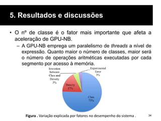 5. Resultados e discussões
• O nº de classe é o fator mais importante que afeta a
aceleração de GPU-NB.
– A GPU-NB emprega um paralelismo de threads a nível de
expressão. Quanto maior o número de classes, maior será
o número de operações aritméticas executadas por cada
segmento por acesso à memória.
34Figura . Variação explicada por fatores no desempenho do sistema .
 