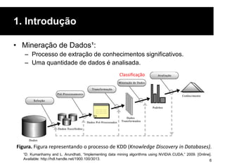 1. Introdução
• Mineração de Dados¹:
– Processo de extração de conhecimentos significativos.
– Uma quantidade de dados é analisada.
¹D. Kumarihamy and L. Arundhati, “Implementing data mining algorithms using NVIDIA CUDA,” 2009. [Online].
Available: http://hdl.handle.net/1900.100/3013. 6
Figura. Figura representando o processo de KDD (Knowledge Discovery in Databases).
?Classificação
 