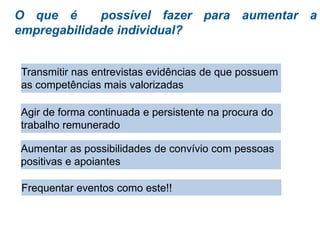 O que é possível fazer para aumentar a
empregabilidade individual?
Transmitir nas entrevistas evidências de que possuem
as competências mais valorizadas
Agir de forma continuada e persistente na procura do
trabalho remunerado
Aumentar as possibilidades de convívio com pessoas
positivas e apoiantes
Frequentar eventos como este!!
 