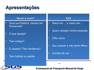 ......
Treinamento de Transporte Manual de CargaTreinamento de Transporte Manual de Carga
ApresentaçõesApresentações
XXXXXXXXXXXX
• Qual sua história, nasceu em
Pomerode?
• O que deseja?
• Tem irmãos?
• É casado? Tem herdeiros?
• Tem hobbie ou patota
• Qual sua história, nasceu em
Pomerode?
• O que deseja?
• Tem irmãos?
• É casado? Tem herdeiros?
• Tem hobbie ou patota
Quem é você?Quem é você?Quem é você?Quem é você?
• Nasci em ... e cresci em ...
• Quero ampliar minha empresa
• Filho único
• Sou casado e não tenho filhos
• Corrida de rua
• Nasci em ... e cresci em ...
• Quero ampliar minha empresa
• Filho único
• Sou casado e não tenho filhos
• Corrida de rua
 