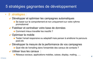 B Florence
5 stratégies gagnantes de développement
• 5 stratégies :
Développer et optimiser les campagnes automatiques
Se ...