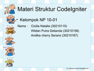 Materi Struktur CodeIgniter
• Kelompok NP 10-01
Nama :   Cicilia Natalia (30210115)
         Wildan Putra Delianda (30210158)
         Andika cherry Serano (30210167)
 