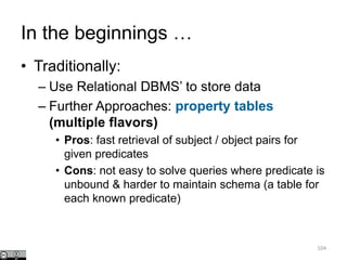 In the beginnings …
104
• Traditionally:
– Use Relational DBMS’ to store data
– Further Approaches: property tables
(multiple flavors)
• Pros: fast retrieval of subject / object pairs for
given predicates
• Cons: not easy to solve queries where predicate is
unbound & harder to maintain schema (a table for
each known predicate)
 