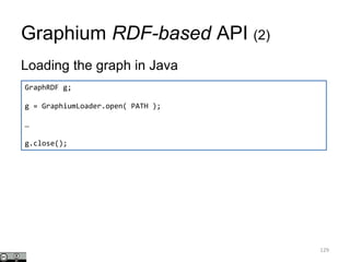 Graphium RDF-based API (2)
Loading the graph in Java
GraphRDF g;
g = GraphiumLoader.open( PATH );
…
g.close();
129
 