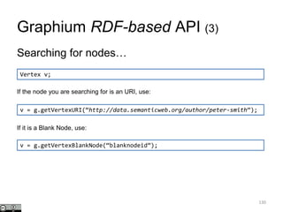 Graphium RDF-based API (3)
Searching for nodes…
If the node you are searching for is an URI, use:
If it is a Blank Node, use:
v = g.getVertexURI(“http://data.semanticweb.org/author/peter-smith”);
130
v = g.getVertexBlankNode(“blanknodeid”);
Vertex v;
 