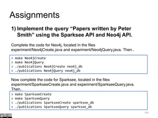 Assignments
140
> make Neo4jCreate
> make Neo4jQuery
> ./publications Neo4jCreate neo4j_db
> ./publications Neo4jQuery neo4j_db
1) Implement the query “Papers written by Peter
Smith” using the Sparksee API and Neo4j API.
Complete the code for Neo4j, located in the files
experiment/Neo4jCreate.java and experiment/Neo4jQuery.java. Then..
> make SparkseeCreate
> make SparkseeQuery
> ./publications SparkseeCreate sparksee_db
> ./publications SparkseeQuery sparksee_db
Now complete the code for Sparksee, located in the files
experiment/SparkseeCreate.java and experiment/SparkseeQuery.java.
Then..
 