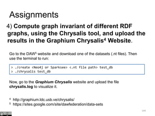 Assignments
4) Compute graph invariant of different RDF
graphs, using the Chrysalis tool, and upload the
results in the Graphium Chrysalis4 Website.
149
4 http://graphium.ldc.usb.ve/chrysalis/
5 https://sites.google.com/site/dawfederation/data-sets
Go to the DAW5 website and download one of the datasets (.nt files). Then
use the terminal to run:
> ./create <Neo4j or Sparksee> <.nt file path> test_db
> ./chrysalis test_db
Now, go to the Graphium Chrysalis website and upload the file
chrysalis.log to visualize it.
 