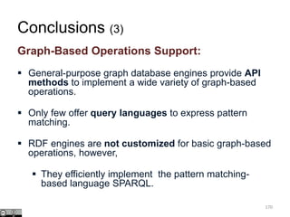 Graph-Based Operations Support:
 General-purpose graph database engines provide API
methods to implement a wide variety of graph-based
operations.
 Only few offer query languages to express pattern
matching.
 RDF engines are not customized for basic graph-based
operations, however,
 They efficiently implement the pattern matching-
based language SPARQL.
170
Conclusions (3)
 
