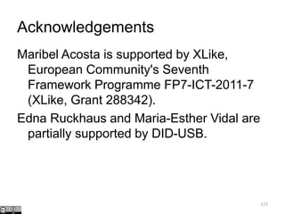 Acknowledgements
Maribel Acosta is supported by XLike,
European Community's Seventh
Framework Programme FP7-ICT-2011-7
(XLike, Grant 288342).
Edna Ruckhaus and Maria-Esther Vidal are
partially supported by DID-USB.
172
 