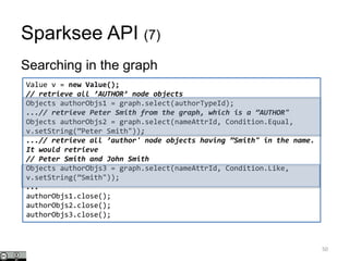 Sparksee API (7)
Searching in the graph
50
Value v = new Value();
// retrieve all ’AUTHOR’ node objects
Objects authorObjs1 = graph.select(authorTypeId);
...// retrieve Peter Smith from the graph, which is a ”AUTHOR"
Objects authorObjs2 = graph.select(nameAttrId, Condition.Equal,
v.setString(”Peter Smith"));
...// retrieve all ’author' node objects having ”Smith" in the name.
It would retrieve
// Peter Smith and John Smith
Objects authorObjs3 = graph.select(nameAttrId, Condition.Like,
v.setString(”Smith"));
...
authorObjs1.close();
authorObjs2.close();
authorObjs3.close();
 