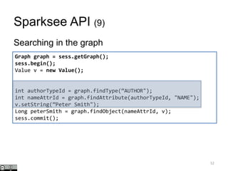 Sparksee API (9)
Searching in the graph
52
Graph graph = sess.getGraph();
sess.begin();
Value v = new Value();
int authorTypeId = graph.findType(”AUTHOR");
int nameAttrId = graph.findAttribute(authorTypeId, "NAME");
v.setString(”Peter Smith");
Long peterSmith = graph.findObject(nameAttrId, v);
sess.commit();
 