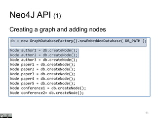Neo4J API (1)
Creating a graph and adding nodes
61
db = new GraphDatabaseFactory().newEmbeddedDatabase( DB_PATH );
Node author1 = db.createNode();
Node author2 = db.createNode();
Node author3 = db.createNode();
Node paper1 = db.createNode();
Node paper2 = db.createNode();
Node paper3 = db.createNode();
Node paper4 = db.createNode();
Node paper5 = db.createNode();
Node conference1 = db.createNode();
Node conference2= db.createNode();
 