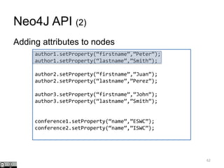 Neo4J API (2)
Adding attributes to nodes
author1.setProperty(“firstname”,”Peter”);
author1.setProperty(“lastname”,”Smith”);
author2.setProperty(“firstname”,”Juan”);
author2.setProperty(“lastname”,”Perez”);
author3.setProperty(“firstname”,”John”);
author3.setProperty(“lastname”,”Smith”);
conference1.setProperty(“name”,”ESWC”);
conference2.setProperty(“name”,”ISWC”);
62
 