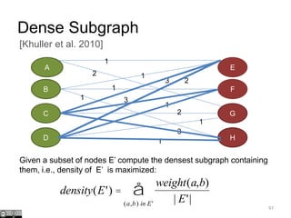 A
B
C
D
E
F
G
H
1
2 1
1
1
3
3
2
3
1
1
1
2
Given a subset of nodes E’ compute the densest subgraph containing
them, i.e., density of E’ is maximized:
density(E') =
weight(a,b)
| E'|(a,b) in E'
å
[Khuller et al. 2010]
Dense Subgraph
97
 