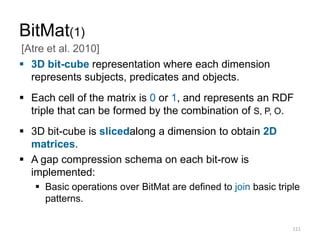 BitMat(1)
 3D bit-cube representation where each dimension
represents subjects, predicates and objects.
 Each cell of the matrix is 0 or 1, and represents an RDF
triple that can be formed by the combination of S, P, O.
 3D bit-cube is slicedalong a dimension to obtain 2D
matrices.
 A gap compression schema on each bit-row is
implemented:
 Basic operations over BitMat are defined to join basic triple
patterns.
111
[Atre et al. 2010]
 