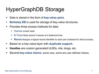 HyperGraphDB Storage
 Data is stored in the form of key-value pairs.
 Berkeley DB is used for storage of key-value structures.
 Provides three access methods for data:
 Hashes:Linear hash.
 B-Trees:Data stored in leaves of a balanced tree.
 Recno:Assigns a logical record identifier to each pair (indexed for direct access).
 Based on a key-value layer with duplicate support.
 Handles are custom generated UUIDs, ints, longs, etc.
 Several key-value stores: some core, some are user defined indices.
55http://www.kobrix.com/index.jsp
 
