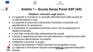 Ambito 1 – Scuola Senza Pareti SSP (5/6)
Approcci pedagogici
Critical thinking, learning by doing, problem solving, social...
