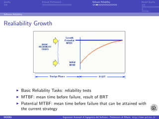 Quality                       Sofware Performace                               Sofware Reliability                             Model Quality




Software Reliability



Realiability Growth




                  Basic Reliability Tasks: reliability tests
                  MTBF: mean time before failure, result of BRT
                  Potential MTBF: mean time before failure that can be attained with
                  the current strategy
MODEL                                              Argomenti Avanzati di Ingegneria del Software - Politecnico di Milano http://www.polimi.it
 