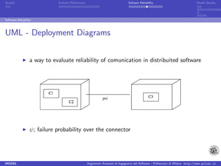 Quality                      Sofware Performace                               Sofware Reliability                             Model Quality




Software Reliability



UML - Deployment Diagrams


                  a way to evaluate reliability of comunication in distribuited software




                  ψ; failure probability over the connector




MODEL                                             Argomenti Avanzati di Ingegneria del Software - Politecnico di Milano http://www.polimi.it
 