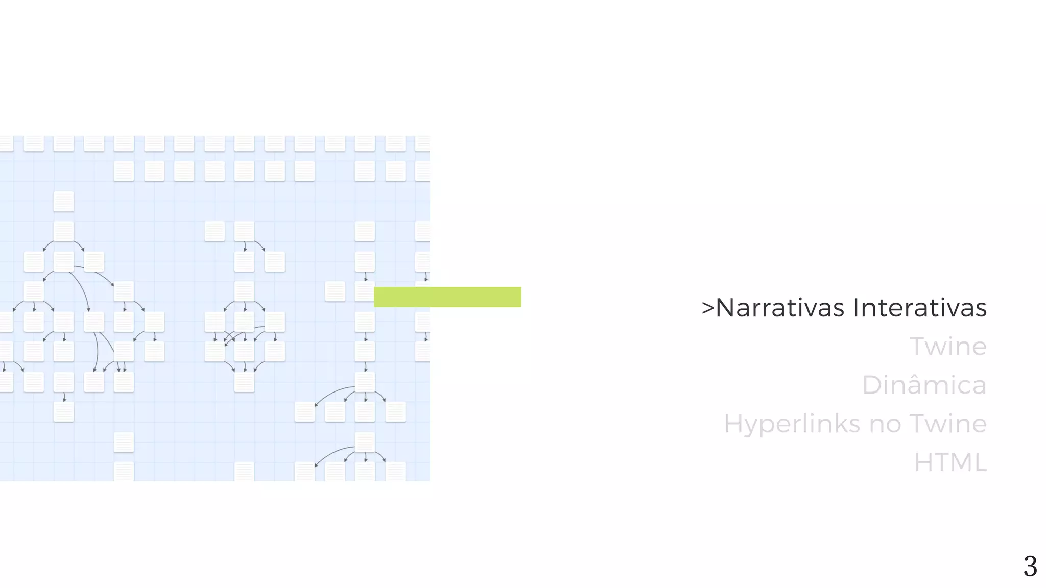 >Narrativas Interativas
Twine
Dinâmica
Hyperlinks no Twine
HTML
3
 