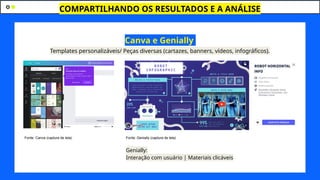 COMPARTILHANDO OS RESULTADOS E A ANÁLISE
J
Canva e Genially
Fonte: Genially (captura de tela)
● J
Genially:
Interação com usuário | Materiais clicáveis
Templates personalizáveis/ Peças diversas (cartazes, banners, vídeos, infográficos).
Fonte: Canva (captura de tela)
 