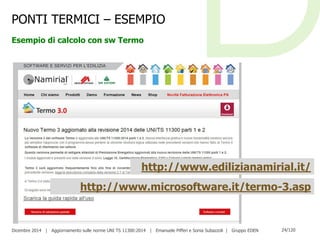 Dicembre 2014 | Aggiornamento sulle norme UNI TS 11300:2014 | Emanuele Pifferi e Sonia Subazzoli | Gruppo EDEN 24/120
PONTI TERMICI – ESEMPIO
Esempio di calcolo con sw Termo
http://www.microsoftware.it/termo-3.asp
http://www.edilizianamirial.it/
 