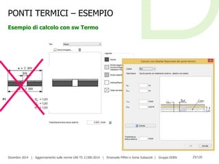 Dicembre 2014 | Aggiornamento sulle norme UNI TS 11300:2014 | Emanuele Pifferi e Sonia Subazzoli | Gruppo EDEN 25/120
PONTI TERMICI – ESEMPIO
Esempio di calcolo con sw Termo
 