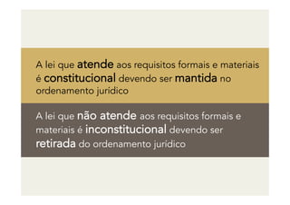 A lei que atende aos requisitos formais e materiais
é constitucional devendo ser mantida no
ordenamento jurídico
A lei que não atende aos requisitos formais e
materiais é inconstitucional devendo ser
retirada do ordenamento jurídico
 