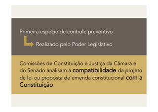 Comissões de Constituição e Justiça da Câmara e
do Senado analisam a compatibilidade da projeto
de lei ou proposta de emenda constitucional com a
Constituição
Primeira espécie de controle preventivo
Realizado pelo Poder Legislativo
 