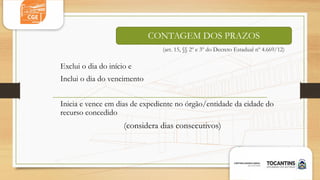 (art. 15, §§ 2º e 3º do Decreto Estadual nº 4.669/12)
Exclui o dia do início e
Inclui o dia do vencimento
Inicia e vence em dias de expediente no órgão/entidade da cidade do
recurso concedido
(considera dias consecutivos)
CONTAGEM DOS PRAZOS
 