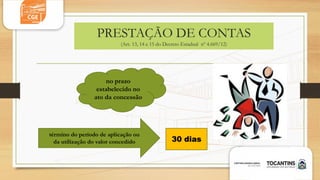 PRESTAÇÃO DE CONTAS
(Art. 13, 14 e 15 do Decreto Estadual nº 4.669/12)
no prazo
estabelecido no
ato da concessão
término do período de aplicação ou
da utilização do valor concedido 30 dias
 