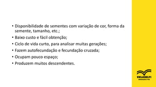 • Disponibilidade de sementes com variação de cor, forma da
semente, tamanho, etc.;
• Baixo custo e fácil obtenção;
• Ciclo de vida curto, para analisar muitas gerações;
• Fazem autofecundação e fecundação cruzada;
• Ocupam pouco espaço;
• Produzem muitos descendentes.
 