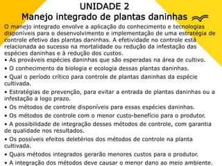 UNIDADE 2
Manejo integrado de plantas daninhas
O manejo integrado envolve a aplicação do conhecimento e tecnologias
disponíveis para o desenvolvimento e implementação de uma estratégia de
controle efetivo das plantas daninhas. A efetividade no controle está
relacionada ao sucesso na mortalidade ou redução da infestação das
espécies daninhas e à redução dos custos.
• As prováveis espécies daninhas que são esperadas na área de cultivo.
• O conhecimento da biologia e ecologia dessas plantas daninhas.
• Qual o período crítico para controle de plantas daninhas da espécie
cultivada.
• Estratégias de prevenção, para evitar a entrada de plantas daninhas ou a
infestação a logo prazo.
• Os métodos de controle disponíveis para essas espécies daninhas.
• Os métodos de controle com o menor custo-benefício para o produtor.
• A possibilidade de integração desses métodos de controle, com garantia
de qualidade nos resultados.
• Os possíveis efeitos deletérios dos métodos de controle na planta
cultivada.
• Quais métodos integrados gerarão menores custos para o produtor.
• A integração dos métodos deve causar o menor dano ao meio ambiente.
 