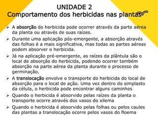 UNIDADE 2
Comportamento dos herbicidas nas plantas
 A absorção do herbicida pode ocorrer através da parte aérea
da planta ou através de suas raízes.
 Durante uma aplicação pós-emergente, a absorção através
das folhas é a mais significativa, mas todas as partes aéreas
podem absorver o herbicida.
 Já na aplicação pré-emergente, as raízes da plântula são o
local de absorção do herbicida, podendo ocorrer também
absorção na parte aérea da planta durante o processo de
germinação.
 A translocação envolve o transporte do herbicida do local de
absorção para o local de ação. Uma vez dentro do simplasto
da célula, o herbicida pode encontrar alguns caminhos
 Quando o herbicida é absorvido pelas raízes da planta o
transporte ocorre através dos vasos do xilema
 Quando o herbicida é absorvido pelas folhas ou pelos caules
das plantas a translocação ocorre pelos vasos do floema
 