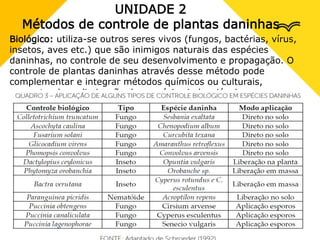 UNIDADE 2
Métodos de controle de plantas daninhas
Biológico: utiliza-se outros seres vivos (fungos, bactérias, vírus,
insetos, aves etc.) que são inimigos naturais das espécies
daninhas, no controle de seu desenvolvimento e propagação. O
controle de plantas daninhas através desse método pode
complementar e integrar métodos químicos ou culturais,
aumentando a eliminação das espécies indesejáveis
 