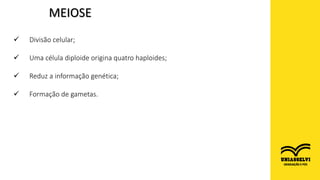 MEIOSE
 Divisão celular;
 Uma célula diploide origina quatro haploides;
 Reduz a informação genética;
 Formação de gametas.
 