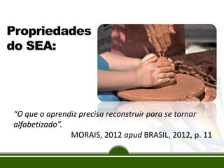 Propriedades
do SEA:

“O que o aprendiz precisa reconstruir para se tornar
alfabetizado”.
MORAIS, 2012 apud BRASIL, 2012, p. 11

 