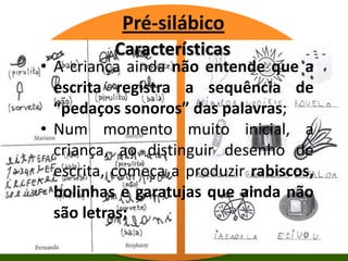 Pré-silábico
Características

• A criança ainda não entende que a
escrita registra a sequência de
“pedaços sonoros” das palavras;
• Num momento muito inicial, a
criança, ao distinguir desenho de
escrita, começa a produzir rabiscos,
bolinhas e garatujas que ainda não
são letras;

 