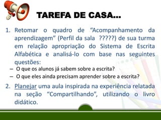TAREFA DE CASA...
1. Retomar o quadro de “Acompanhamento da
aprendizagem” (Perfil da sala ?????) de sua turma
em relação apropriação do Sistema de Escrita
Alfabética e analisá-lo com base nas seguintes
questões:
– O que os alunos já sabem sobre a escrita?
– O que eles ainda precisam aprender sobre a escrita?

2. Planejar uma aula inspirada na experiência relatada
na seção “Compartilhando”, utilizando o livro
didático.

 