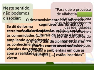 Neste sentido,
“Para que o processo
não podemos
de alfabetização das
dissociar: O desenvolvimento crianças contribua
dos processos

com o fortalecimento
cognitivos dos formativos;
Se dê de forma
das identidades
A alfabetização das coletivas e diversos
estreitamente articulada práticas sociais e
culturais de escrita dos povos do
às comunidades [...],
saberes e leitura;
ampliando e valorizandodisciplinas escolares
campo [e da área
O ensino das
os conhecimentos e contextos econômicos,
urbana] é preciso que:
com os
vínculos das políticos e ambientais em que as
crianças
com a realidadecrianças [...] estão inseridas”.
em que
vivem.

 